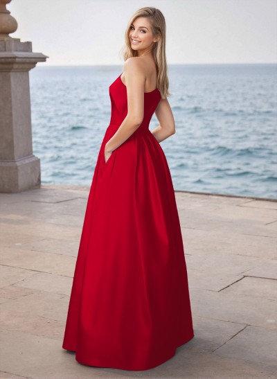 Modest A-Line One-Shoulder Satin Prom Dresses With Pockets