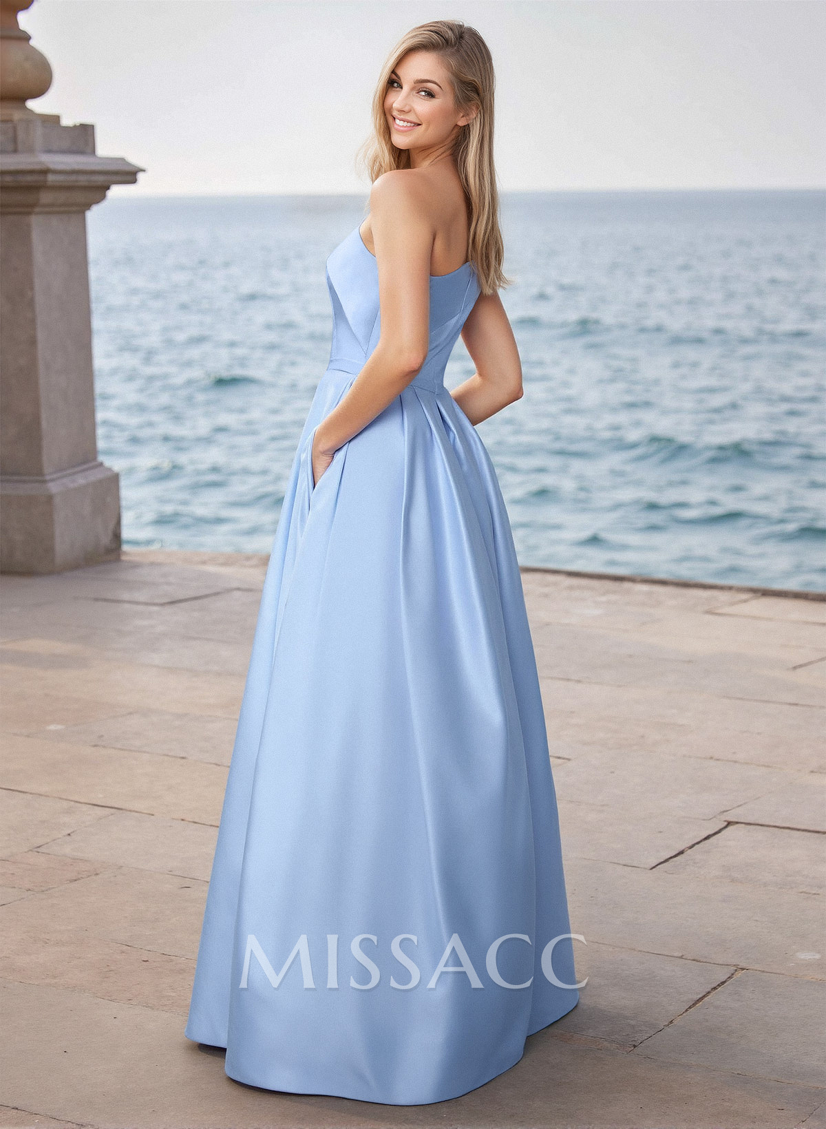 Modest A-Line One-Shoulder Satin Prom Dresses With Pockets