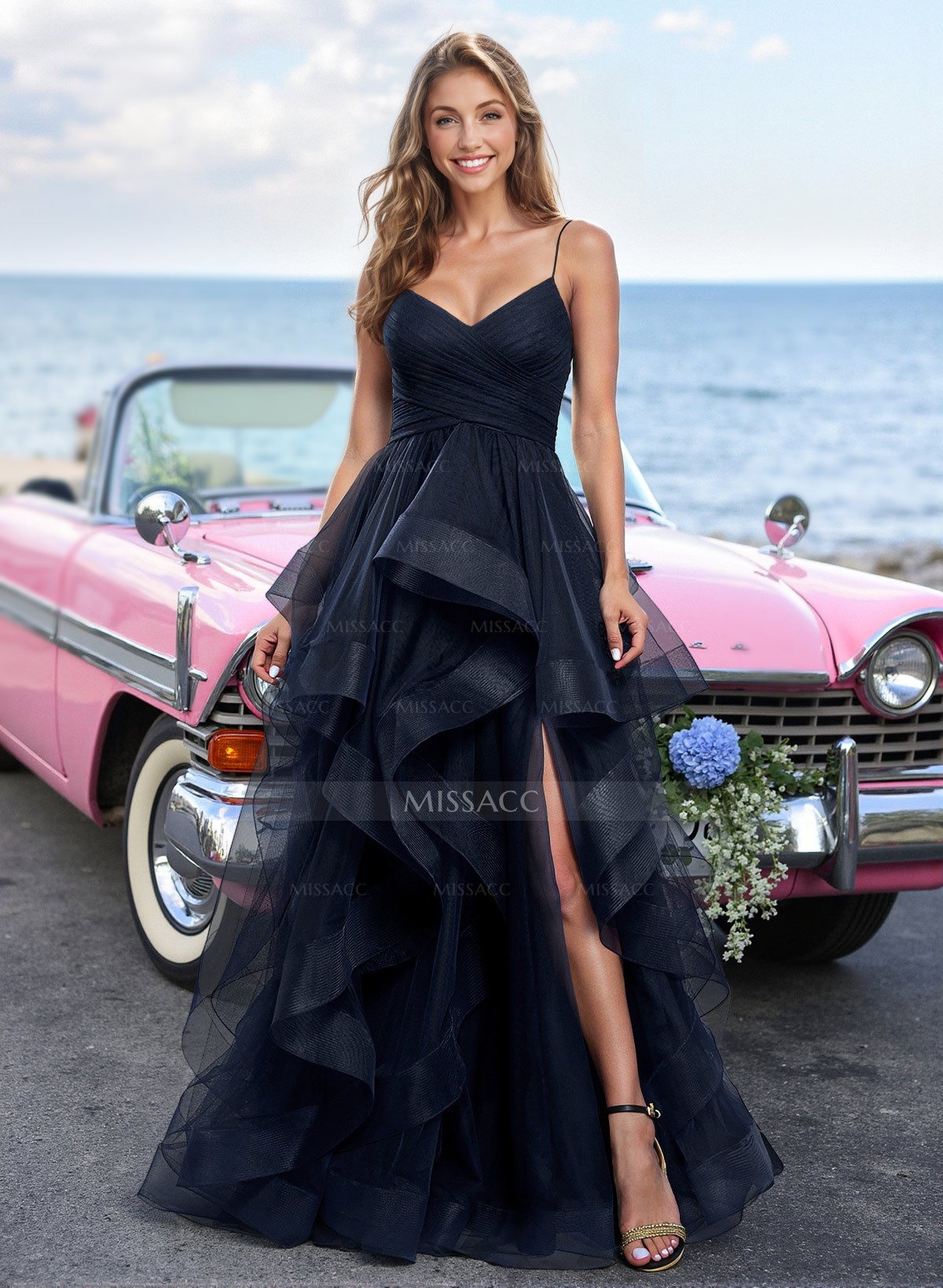 A-Line V-Neck Sleeveless Sweep Train Tulle Prom Dresses With Ruffle/High Split