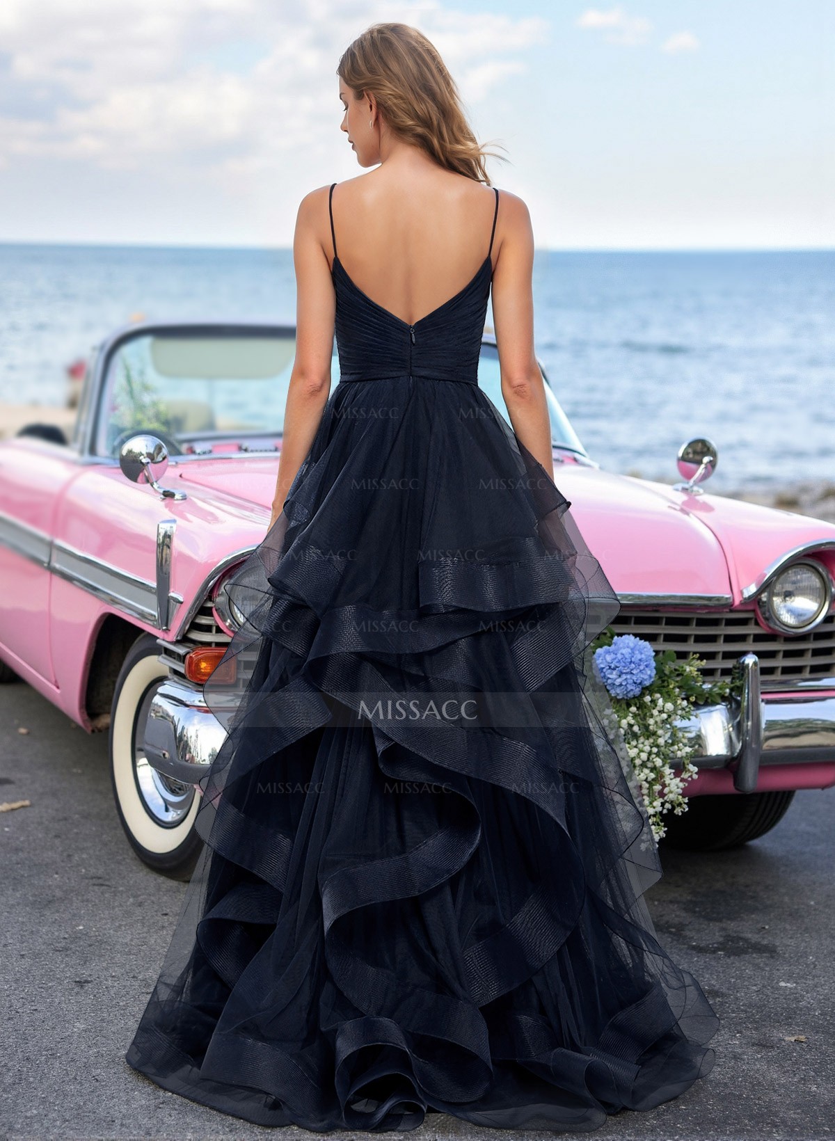 A-Line V-Neck Sleeveless Sweep Train Tulle Prom Dresses With Ruffle/High Split