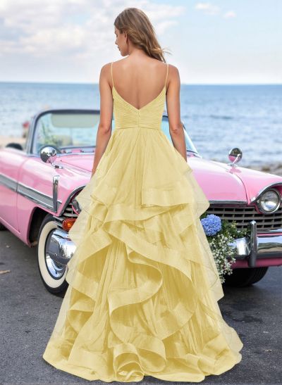 Dreamy Ruffled Skirt Ruched V-Neck Prom Dresses With High Split