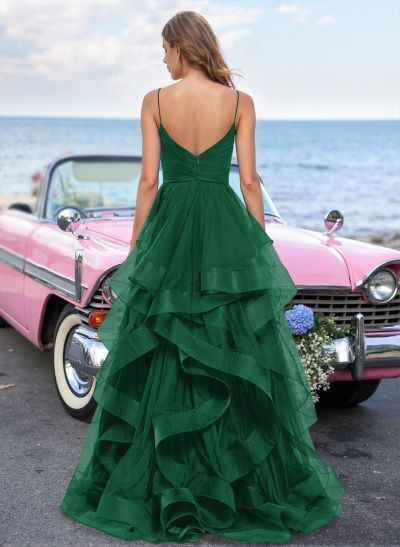 Dreamy Ruffled Skirt Ruched V-Neck Prom Dresses With High Split