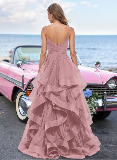 Dreamy Ruffled Skirt Ruched V-Neck Prom Dresses With High Split