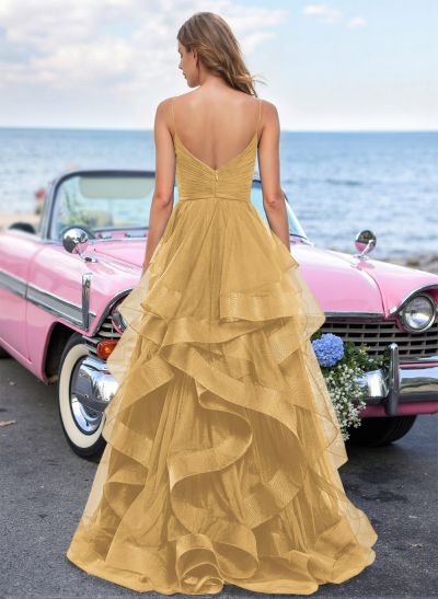 Dreamy Ruffled Skirt Ruched V-Neck Prom Dresses With High Split