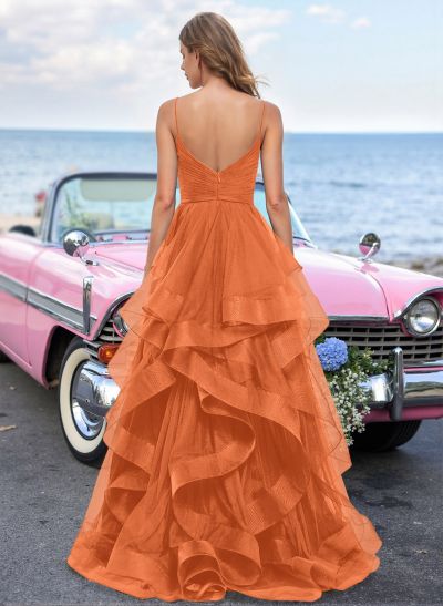 Dreamy Ruffled Skirt Ruched V-Neck Prom Dresses With High Split