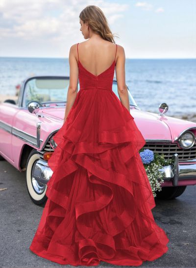 Dreamy Ruffled Skirt Ruched V-Neck Prom Dresses With High Split