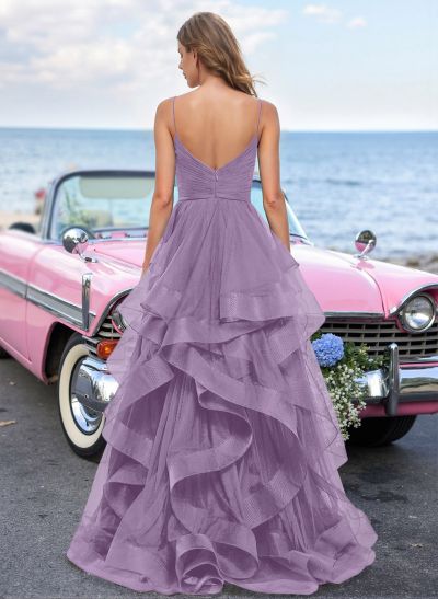 Dreamy Ruffled Skirt Ruched V-Neck Prom Dresses With High Split