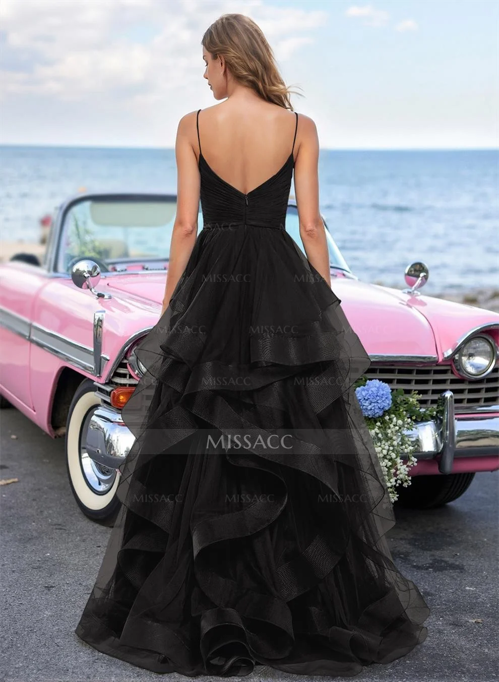 Ruffled Skirt Ruched V-Neck Prom Dresses With High Split $139