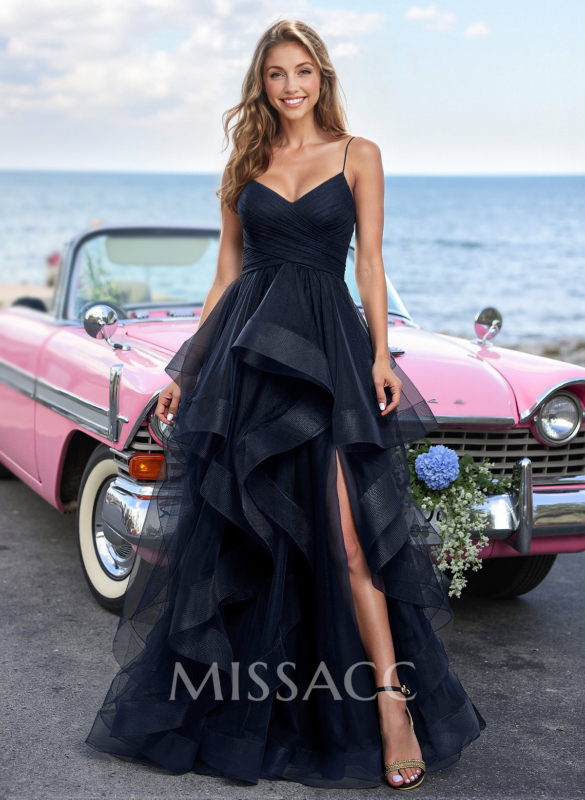 Dreamy Ruffled Skirt Ruched V-Neck Prom Dresses With High Split Dreamy Ruffled Skirt Ruched V-Neck Prom Dresses With High Split