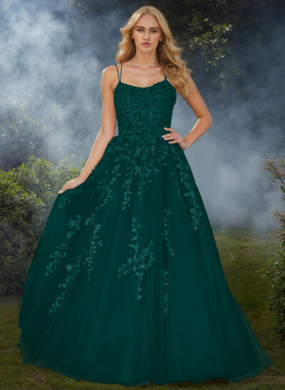 Sweet Dual Strap Tulle Strappy Back Prom Dresses With With Floral Applique