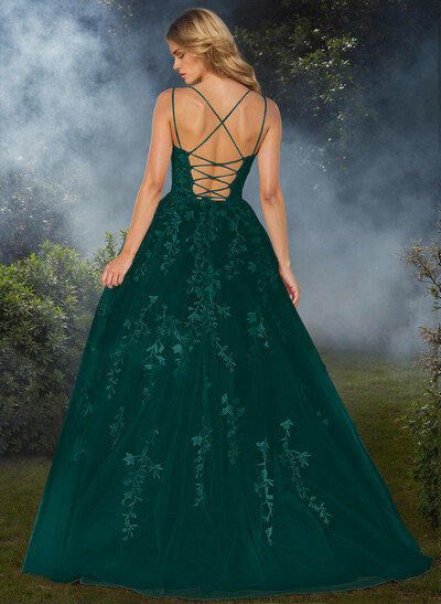 Sweet Dual Strap Tulle Strappy Back Prom Dresses With With Floral Applique