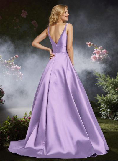 A-Line Plunge Neck Sleeveless Sweep Train Satin Prom Dresses