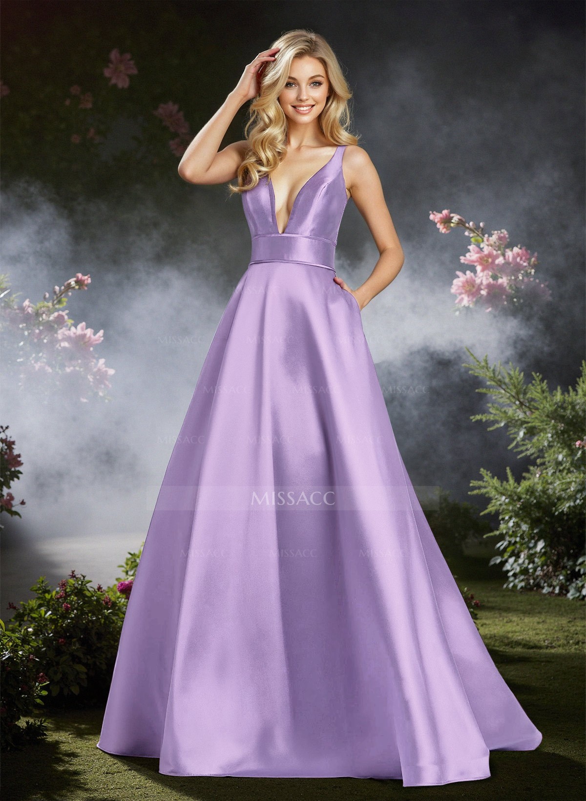 A-Line Plunge Neck Sleeveless Sweep Train Satin Prom Dresses