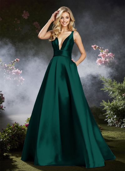Classy A-Line Plunge Neck Satin Prom Dresses With Low Back