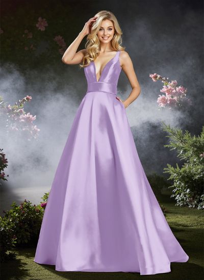 A-Line Plunge Neck Sleeveless Sweep Train Satin Prom Dresses