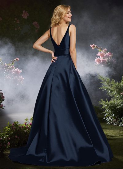 Classy A-Line Plunge Neck Satin Prom Dresses With Low Back