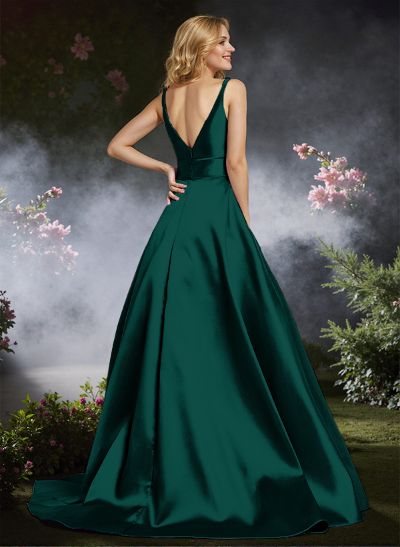 Classy A-Line Plunge Neck Satin Prom Dresses With Low Back