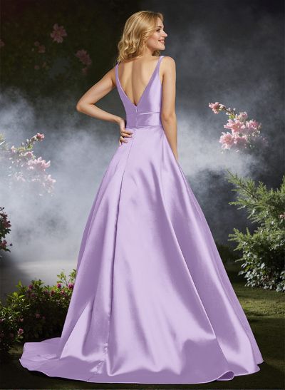 A-Line Plunge Neck Sleeveless Sweep Train Satin Prom Dresses