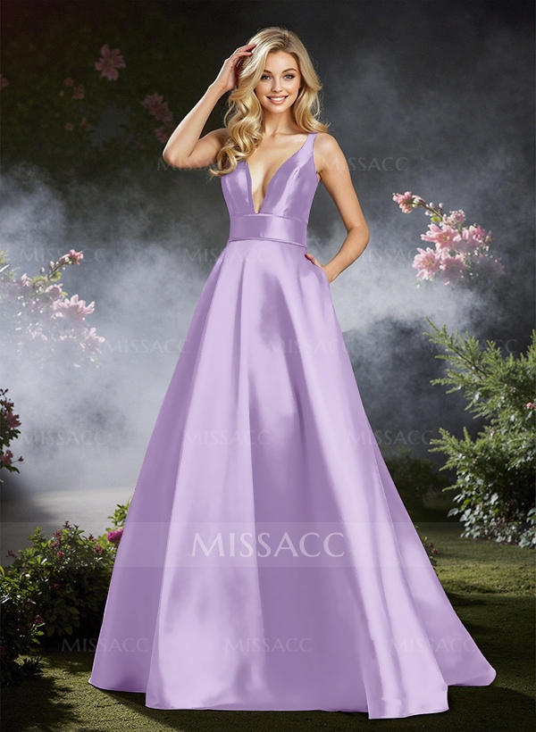 Classy A-Line Plunge Neck Satin Prom Dresses With Low Back