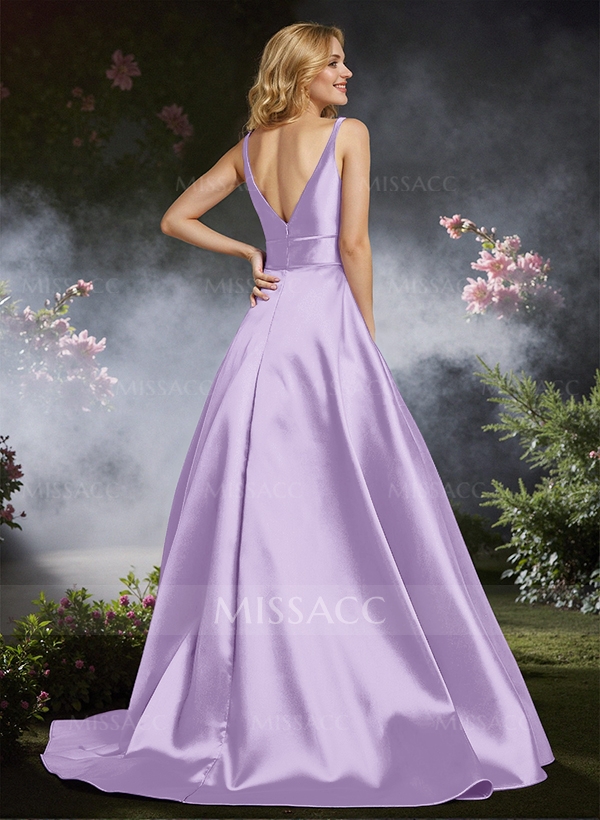 Classy A-Line Plunge Neck Satin Prom Dresses With Low Back