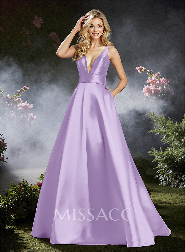 Classy A-Line Plunge Neck Satin Prom Dresses With Low Back