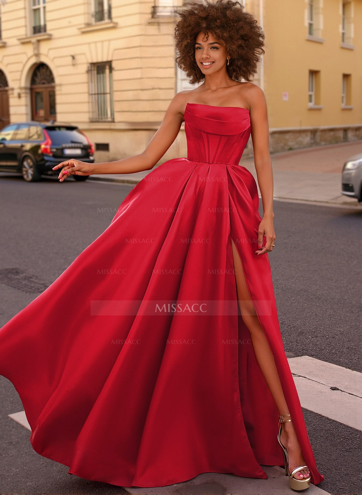 A-Line Strapless Sleeveless Floor-Length Satin Prom Dresses With High Split