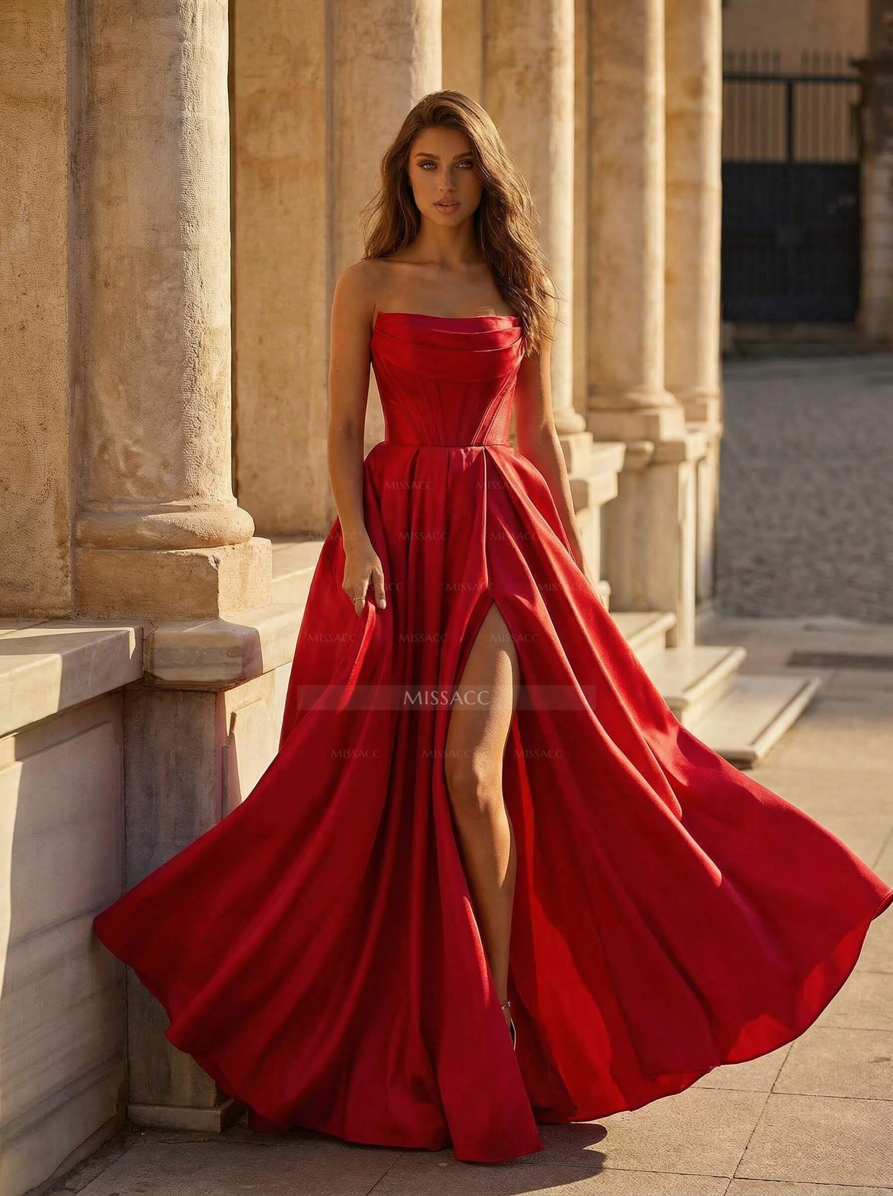 Classy A-Line Strapless Corset Satin Prom Dresses With High Split