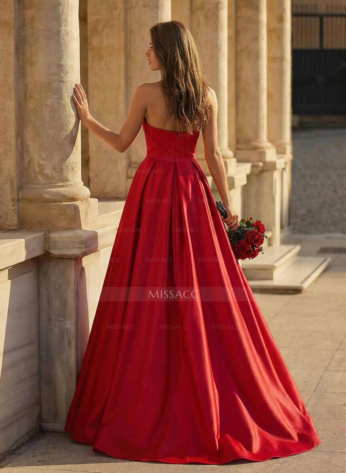 Classy A-Line Strapless Corset Satin Prom Dresses With High Split