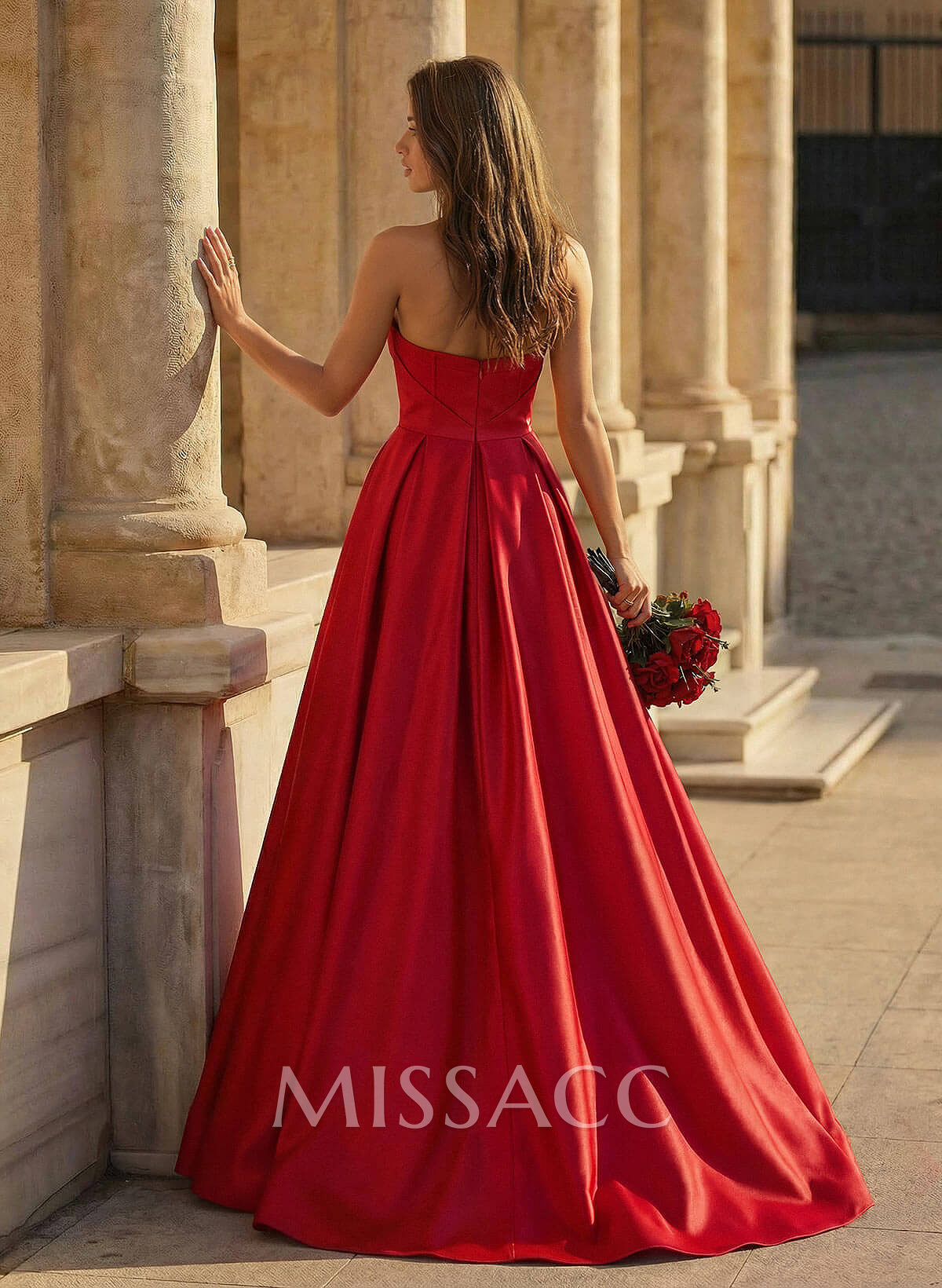 Classy A-Line Strapless Corset Satin Prom Dresses With High Split Classy A-Line Strapless Corset Satin Prom Dresses With High Split