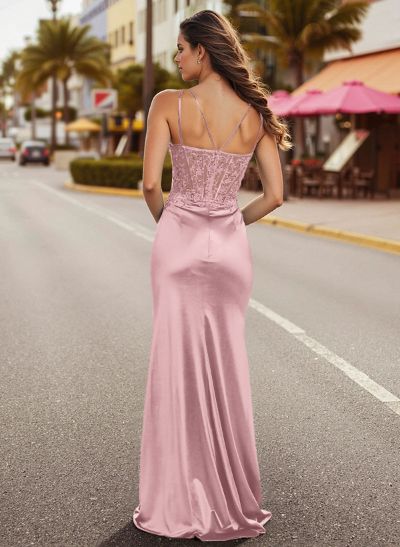 Classy Appliques Lace Illusion Corset Silk Like Satin Prom Dresses With Dual Strap