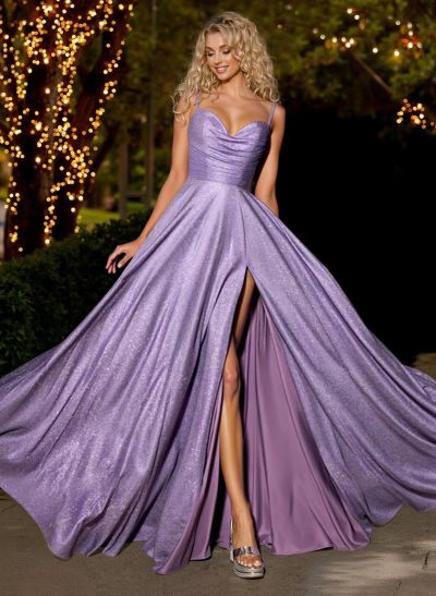 A-Line Sweetheart Sleeveless Floor-Length Sequined Prom Dresses With High Split