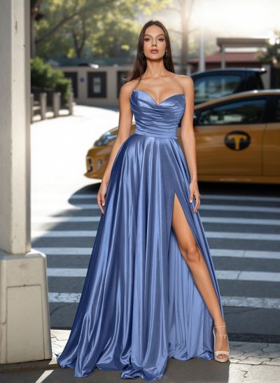 A-Line Sweetheart Sleeveless Sweep Train Silk Like Satin Prom Dresses With High Split