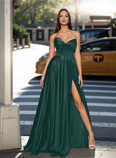 Classy A-Line Sweetheart Silk Like Satin Prom Dresses With High Split