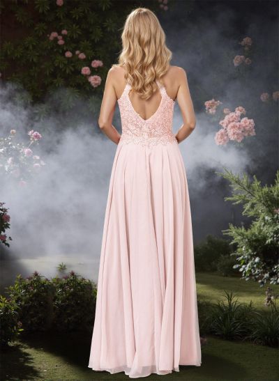 Flattering A-Line Lace V-Neck Chiffon Prom Dresses With Back Hole