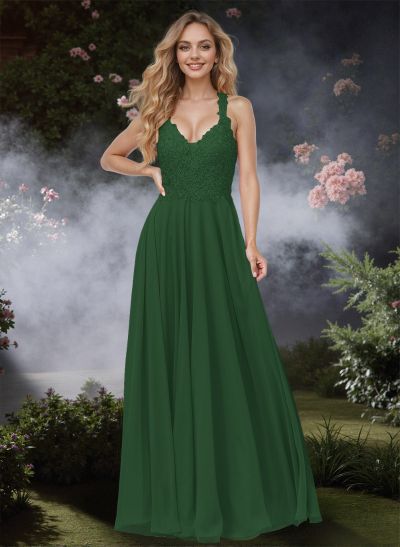 Flattering A-Line Lace V-Neck Chiffon Prom Dresses With Back Hole