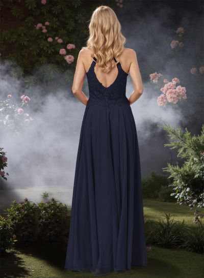 Flattering A-Line Lace V-Neck Chiffon Prom Dresses With Back Hole