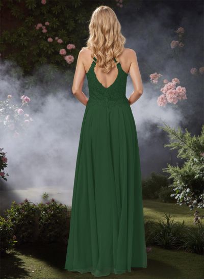 Flattering A-Line Lace V-Neck Chiffon Prom Dresses With Back Hole