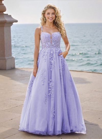 Princess Ball Gown Strappy Back Tulle Prom Dresses With Floral Applique