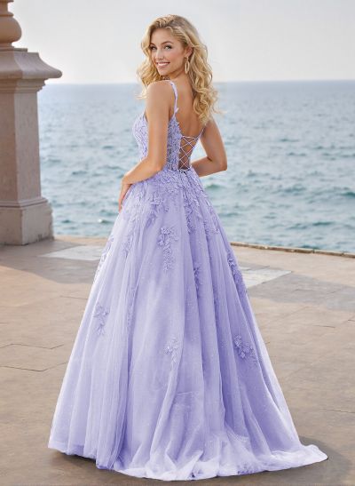 A-Line Square Neckline Sleeveless Sweep Train Tulle Prom Dresses With Lace