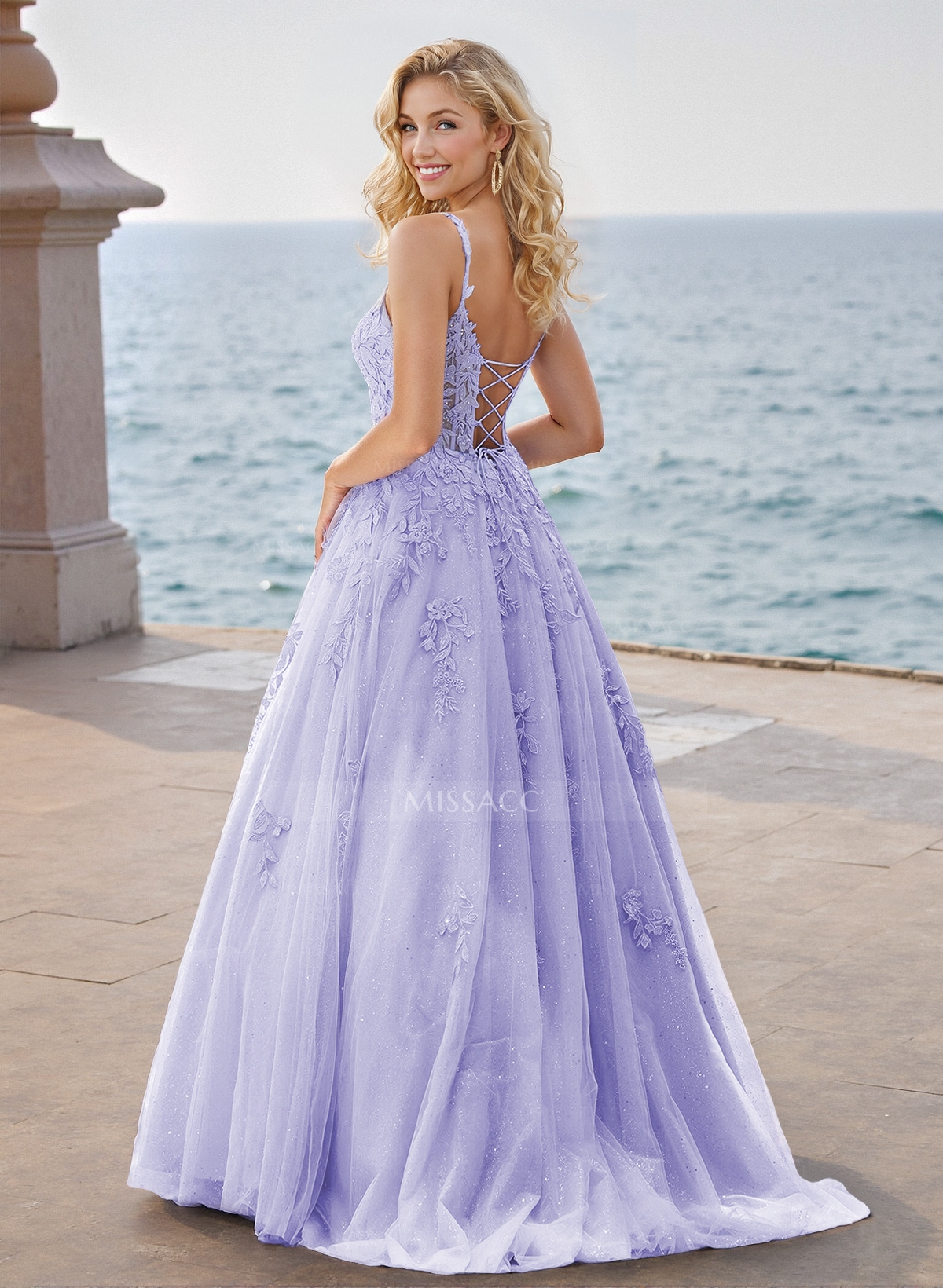 A-Line Square Neckline Sleeveless Sweep Train Tulle Prom Dresses With Lace