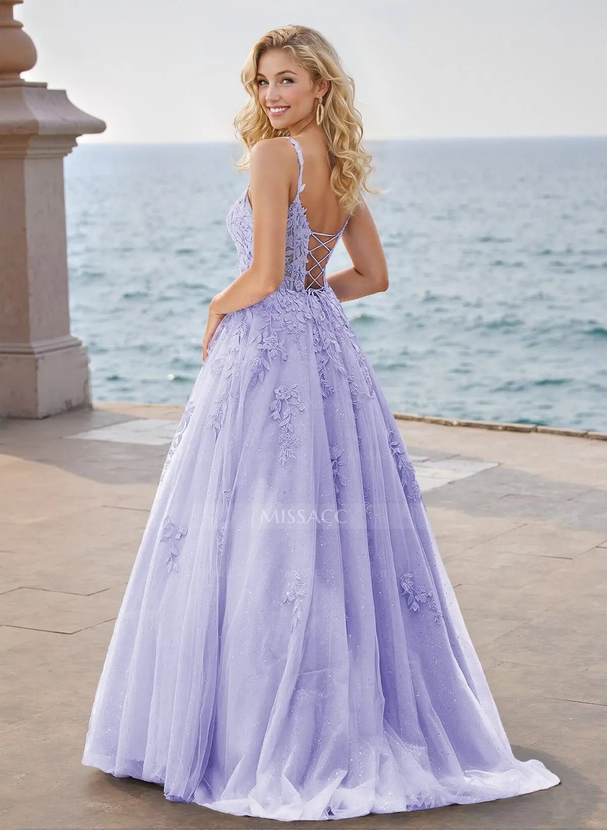 Missacc White Prom Dresses Princess Ball Gown Strappy Back Tulle Prom Dresses with Floral Applique