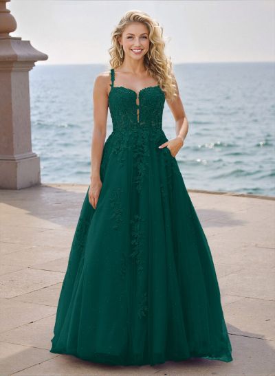 Princess Ball Gown Strappy Back Tulle Prom Dresses With Floral Applique