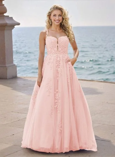 Princess Ball Gown Strappy Back Tulle Prom Dresses With Floral