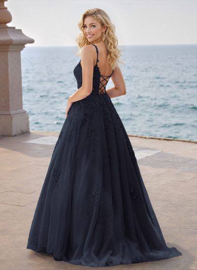 Princess Ball Gown Strappy Back Tulle Prom Dresses With Floral Applique