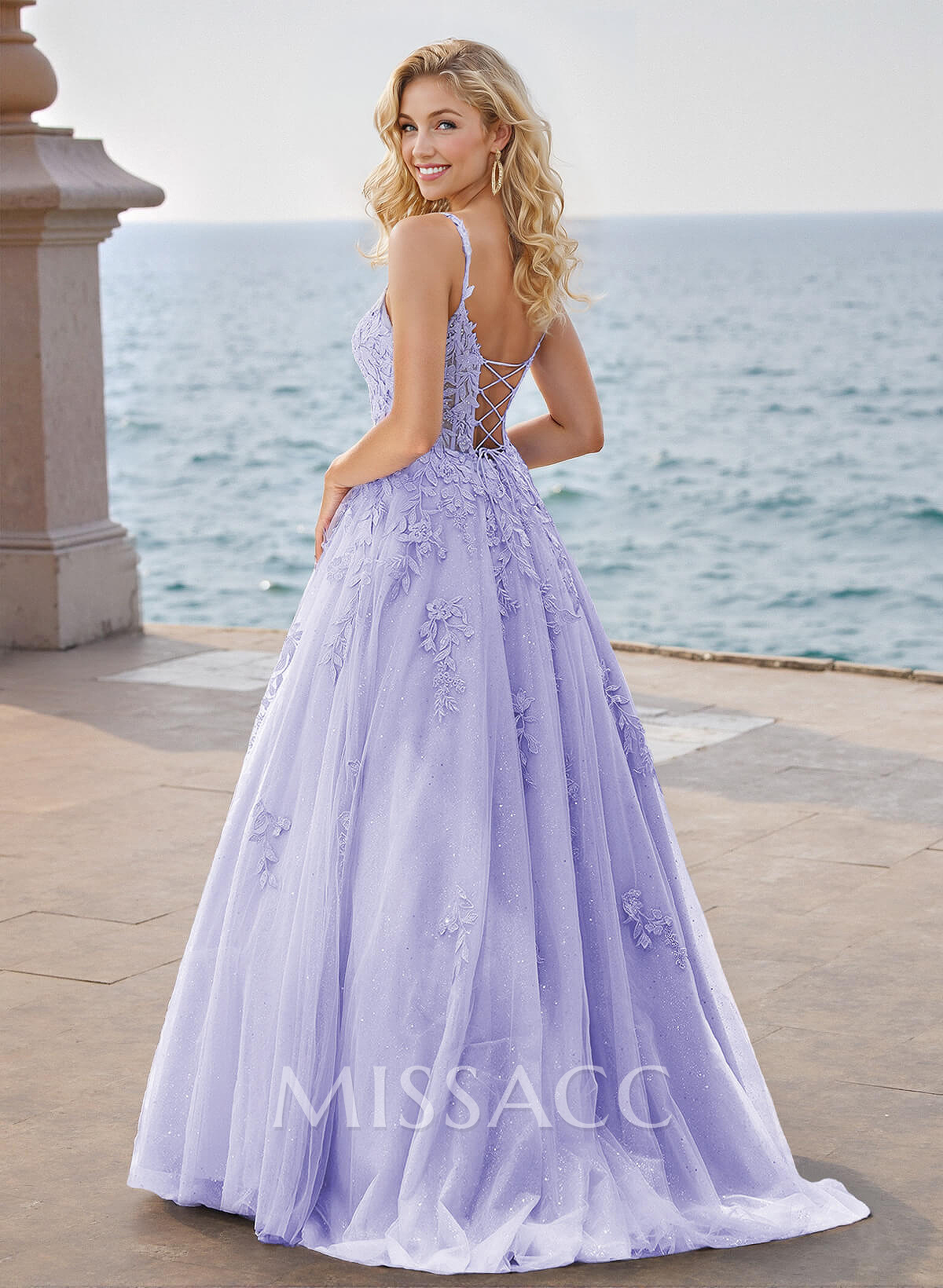 Princess Ball Gown Strappy Back Tulle Prom Dresses With Floral Applique