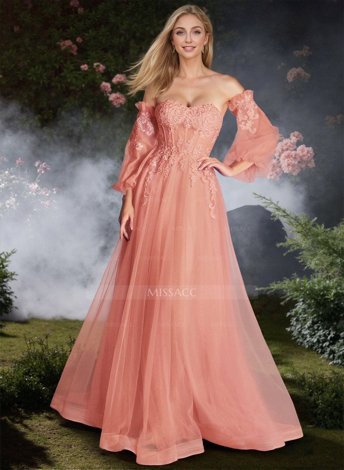 A-Line Sweetheart Detachable Sleeves Floor-Length Tulle Prom Dresses With Lace