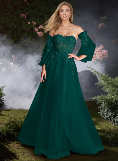 Sweet Removable Lantern Sleeves Bare Back Prom Dresses With Floral Lace