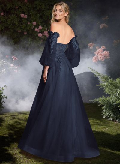 Sweet Removable Lantern Sleeves Bare Back Prom Dresses With Floral Lace