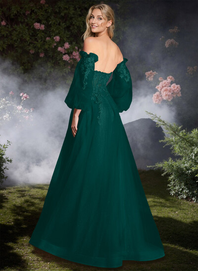 Sweet Removable Lantern Sleeves Bare Back Prom Dresses With Floral Lace