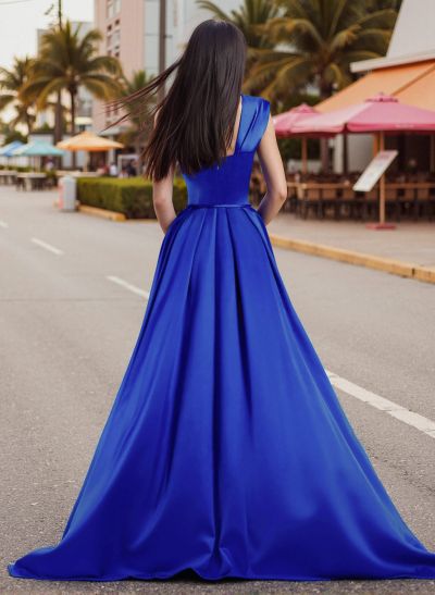 A-Line One-Shoulder Sleeveless Sweep Train Satin Prom Dresses